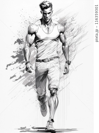 モノクロで描いたスポーティーな男性のイラスト　AI画像 116359301