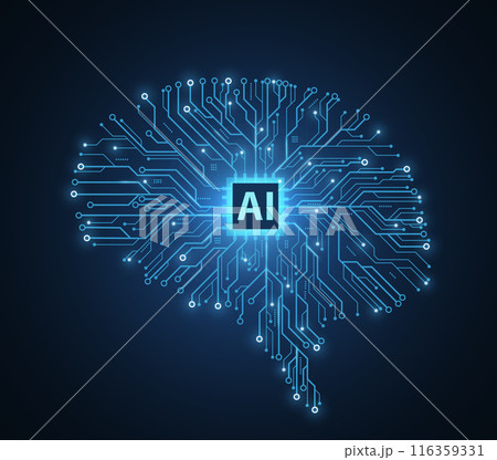 Brain-shaped circuit board with chip. Artificial intelligence, Digital memory Brain-shaped circuit board with chip. Artificial intelligence, Digital memory 116359331