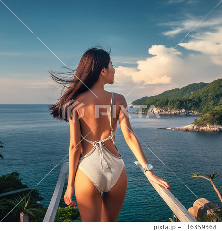 海で遠くを眺めるビキニの女性 116359368