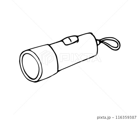 Flashlight in doodle style. Hand-drawn pocket portable lantern. Camping tool. Isolated on white. 116359387