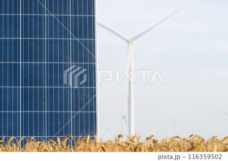Solar panel and wind turbine on an agricultural field. Sustainable energy Solar panel and wind turbine on an agricultural field. Sustainable energy 116359502