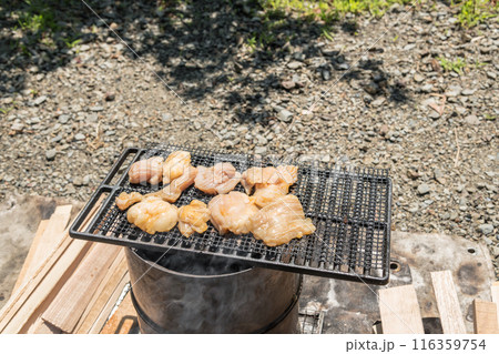 【オートキャンプ場でソロキャンプ　網で白モツを焼く】　 116359754