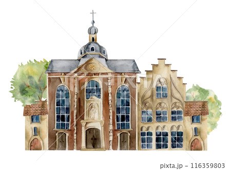 Old European city town street house church. Historical cityscape religious building, green trees. Watercolor hand drawn illustration. Tourist shops, souvenirs, travel brochures, architectural bureau Old European city town street house church. Historical cityscape religious building, green trees. Watercolor hand drawn illustration. Tourist shops, souvenirs, travel brochures, architectural bureau 116359803