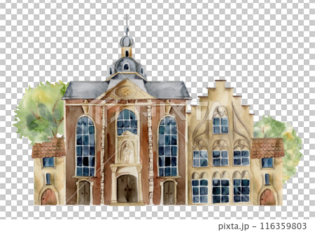 Old European city town street house church. Historical cityscape religious building, green trees. Watercolor hand drawn illustration. Tourist shops, souvenirs, travel brochures, architectural bureau Old European city town street house church. Historical cityscape religious building, green trees. Watercolor hand drawn illustration. Tourist shops, souvenirs, travel brochures, architectural bureau 116359803