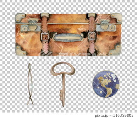Retro vintage suitcase with stickers and pins, luggage baggage icons key. Watercolor hand drawn art of isolated object. Design for tourism, travel, brochure, wedding, guide, print, card, tattoo. 116359805