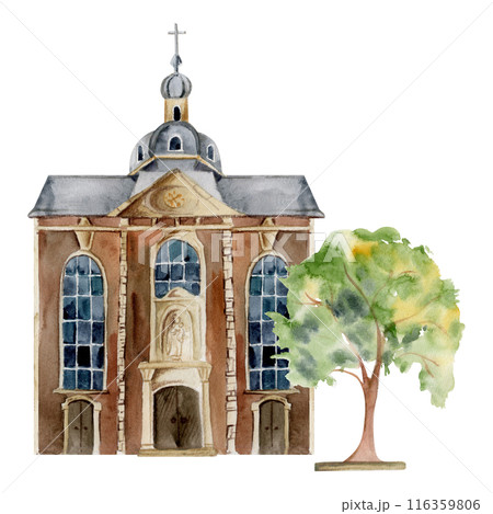 Old European city town street house church. Historical cityscape religious building, green trees. Watercolor hand drawn illustration. Tourist shops, souvenirs, travel brochures, architectural bureau 116359806