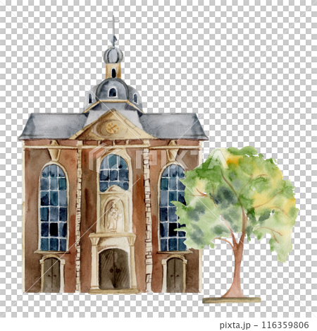 Old European city town street house church. Historical cityscape religious building, green trees. Watercolor hand drawn illustration. Tourist shops, souvenirs, travel brochures, architectural bureau 116359806