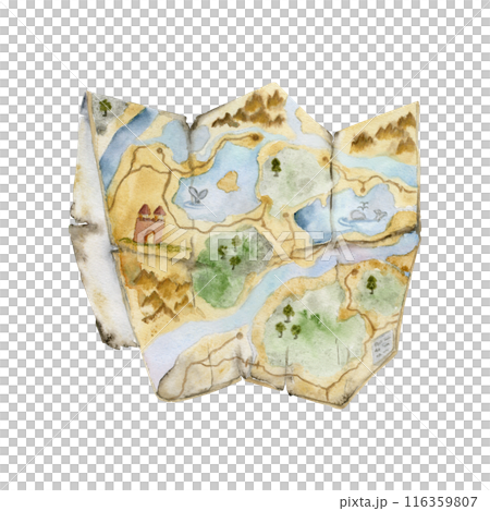 Unfolded paper map for navigation and orientation, region view. Watercolor hand drawn illustration of isolated object. Design for tourism, travel, brochure, wedding, guide, print, card, tattoo. 116359807