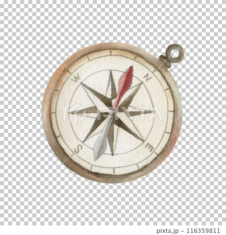 Travel navigation accessory for tourist, old vintage compass wind rose. Watercolor hand drawn illustration of isolated object. Design for tourism, travel brochure, booklet, guide, print, card, tattoo. Travel navigation accessory for tourist, old vintage compass wind rose. Watercolor hand drawn illustration of isolated object. Design for tourism, travel brochure, booklet, guide, print, card, tattoo. 116359811