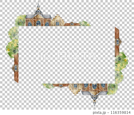 Old European city town street house church. Historical cityscape religious building, green trees. Watercolor hand drawn border frame. Tourist shops, souvenirs, travel brochures, architectural bureau Old European city town street house church. Historical cityscape religious building, green trees. Watercolor hand drawn border frame. Tourist shops, souvenirs, travel brochures, architectural bureau 116359814