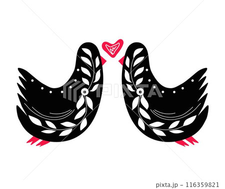 Couple of birds in love. Folk ornamental birds and heart between. Best for greeting card. Template vector illustration. Couple of birds in love. Folk ornamental birds and heart between. Best for greeting card. Template vector illustration. 116359821