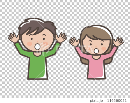 Upper body illustration of a young man and woman surprised with their hands raised 116360031
