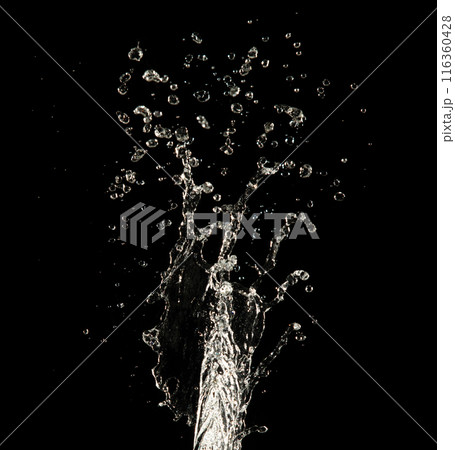 Crown water to object make curve drop explosion in ripple motion. Black background isolated. Crown Water splash on object to create shape form fluttering in droplet and wave. Crown water to object make curve drop explosion in ripple motion. Black background isolated. Crown Water splash on object to create shape form fluttering in droplet and wave. 116360428