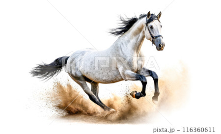 white horse captured mid-gallop, powerful muscles flexed, creating cloud of dust on simple backdrop, perfect for dynamic wildlife imagery white horse captured mid-gallop, powerful muscles flexed, creating cloud of dust on simple backdrop, perfect for dynamic wildlife imagery 116360611