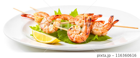 Elegant Cooked Shrimp Platter Served on White Porcelain with Fresh Parsley Garnish, Asian Cuisine with Chopsticks, Gourmet Seafood Appetizer Isolated on White Background, Delicious Prawn Dish 116360616