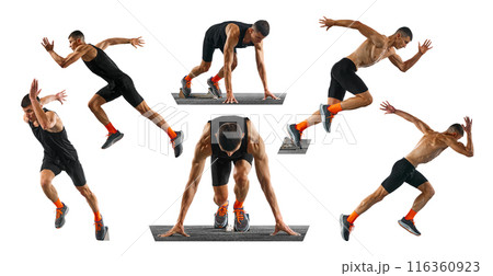 Athletic shirtless man, professional runner runs up quickly in motion, training against white background. Collage. Athletic shirtless man, professional runner runs up quickly in motion, training against white background. Collage. 116360923