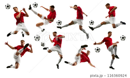 Collage. Dynamic images of young man, soccer player in red jersey and white shorts, playing, training isolated on whit background Collage. Dynamic images of young man, soccer player in red jersey and white shorts, playing, training isolated on whit background 116360924