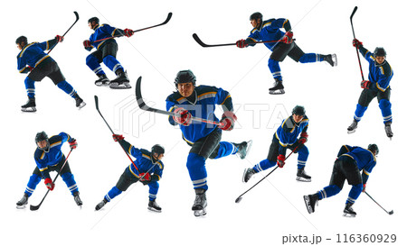 Game-ready skilled player, geared up and focused, in motion with stick, training on white studio background. Collage. 116360929