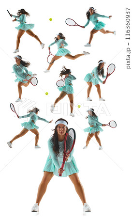 Collage. Female tennis player in mint-green outfit training, playing with racket against white studio background. Collage. Female tennis player in mint-green outfit training, playing with racket against white studio background. 116360937