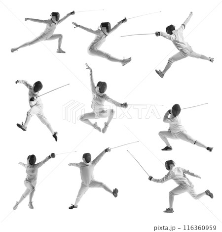 Collage. Dynamic images of male athlete in fencing costume with sword in hand in action isolated on white studio background. Collage. Dynamic images of male athlete in fencing costume with sword in hand in action isolated on white studio background. 116360959