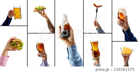 Collage with food and drinks. Variety of beers and food, including hamburgers, sausages, and chips. 116361375