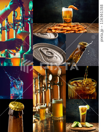 Collage with different beverages poured into glass, frothy beer, soda water, cocktail. Dark background. Refreshments. 116361388