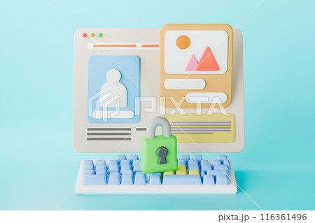 3D render of computer and padlock in blue studio 116361496