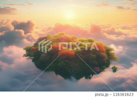 雲海に浮かぶファンタジー世界の島　AI生成画像 116361623