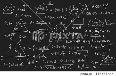 Geometry formulas, science and education background. Chalkboard inscribed with scientific formulas and calculations in physics and mathematics. Retro vector illustration Geometry formulas, science and education background. Chalkboard inscribed with scientific formulas and calculations in physics and mathematics. Retro vector illustration 116361727