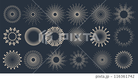 Sunbursts firework explosion, bursting or light rays, linear drawing and borders collection. Vector trendy hand drawn retro isolated design elements Sunbursts firework explosion, bursting or light rays, linear drawing and borders collection. Vector trendy hand drawn retro isolated design elements 116361742