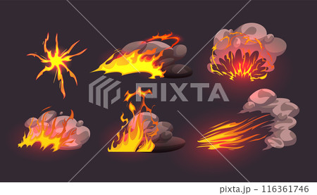 Cartoon fire game effect icon set. Hot flame comic graphic illustration for ui design. Danger flammable attack motion detail. Isolated burning and fiery power with heat light trail Cartoon fire game effect icon set. Hot flame comic graphic illustration for ui design. Danger flammable attack motion detail. Isolated burning and fiery power with heat light trail 116361746