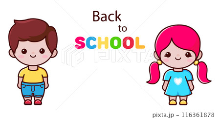 Back to school poster. Happy children. Cartoon characters boy and girl. Vector illustration 116361878
