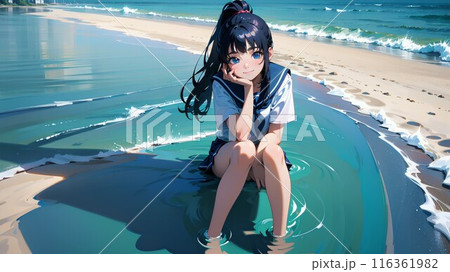 海岸に座る女子高生のイラスト素材 [116361982] - PIXTA