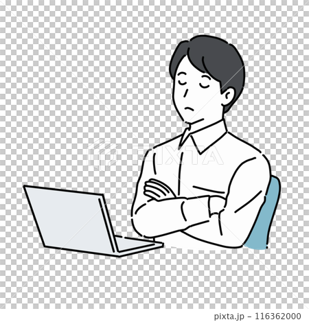A man thinking with his arms folded while working on a computer 116362000