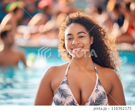 Happy Woman Smiling in Swimming Pool: Summer Holiday Bliss 116362175