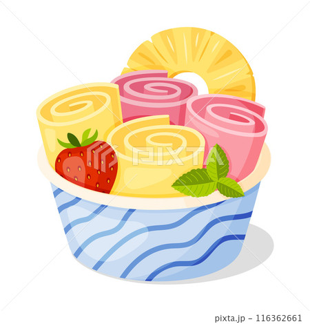 Ice cream rolls in paper basket. Different flavours Strawberry, Pineapple.  116362661