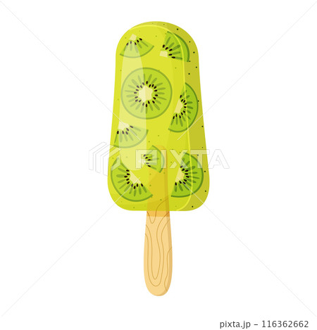 Kiwi fruit ice cream on stick. Fruity popsicle. Cold summer dessert flat style Kiwi fruit ice cream on stick. Fruity popsicle. Cold summer dessert flat style 116362662