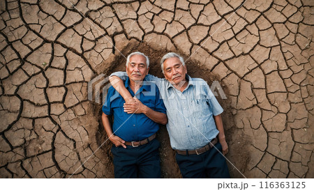 Two elderly men lie on cracked earth, symbolizing unity and resilience amid environmental challenges. Two elderly men lie on cracked earth, symbolizing unity and resilience amid environmental challenges. 116363125