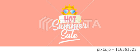Summer Sale horizontal wide web banner. summer happy sun character holding sign or banner with special offer sale text isolated on soft pastel pink horizontal background. Summer sale 116363325
