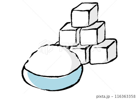 筆タッチの積み重なった角砂糖と器に入った砂糖のイラスト 116363358