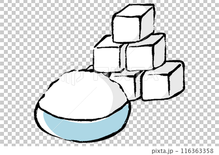 筆タッチの積み重なった角砂糖と器に入った砂糖のイラスト 116363358