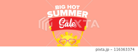 Summer Sale horizontal wide web banner. summer happy sun character holding sign or banner with special offer sale text isolated on soft pastel pink horizontal background. Summer sale Summer Sale horizontal wide web banner. summer happy sun character holding sign or banner with special offer sale text isolated on soft pastel pink horizontal background. Summer sale 116363374