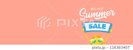 Summer Sale horizontal wide web banner. summer happy sun character holding sign or banner with special offer sale text isolated on soft pastel pink horizontal background. Summer sale 116363407