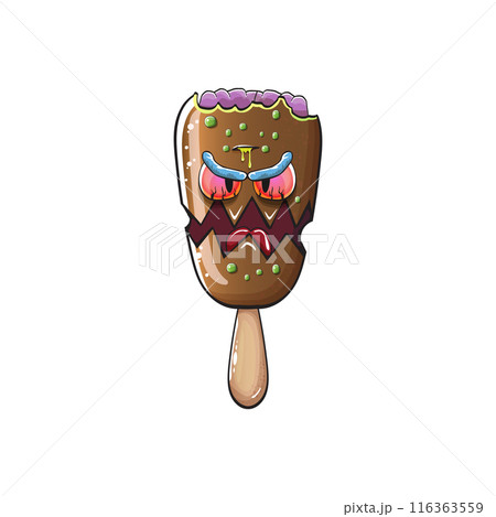Vector Zombie chocolate ice cream with brain and red eyes isolated on transparent white background. Halloween chocolate monster ice cream zombie character. Monster ice cream 116363559