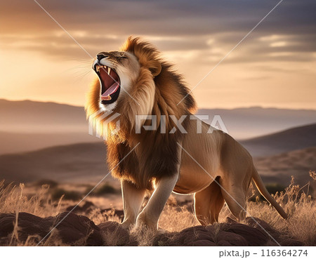 Lion Roaring in Savanna Landscape: Dramatic Wildlife Scene 116364274
