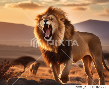 Lion Roaring in Savanna Landscape: Dramatic Wildlife Scene 116364275
