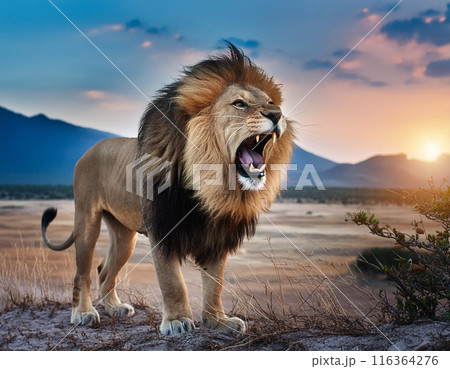 Lion Roaring in Savanna Landscape: Dramatic Wildlife Scene 116364276