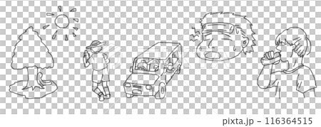 鉛筆画風の暑い日を過ごす人の様子の線画イラスト 鉛筆画風の暑い日を過ごす人の様子の線画イラスト 116364515
