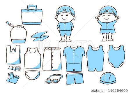 幼稚園や学校のプール道具、持ち物セット（シンプルカラー） 116364600