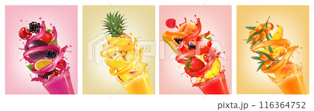 Set of fruit juice splash. Whole and sliced pineapple, mango, peach, orange, cherry, blueberry, strawberry, papaya, sea buckthorns in juice with splashes and drops. Vector 116364752
